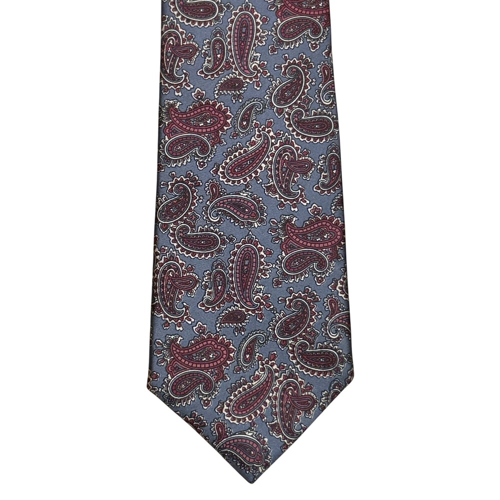 All Silk Milano Hand Made Paisley Print Necktie Blue-Gray Burgundy 55" L 3.25" W